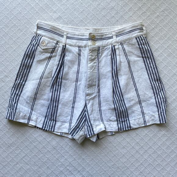 Polo Ralph Lauren Women's Linen Shorts Cream Navy Stripe High Rise Tailored 8 - Picture 4 of 10